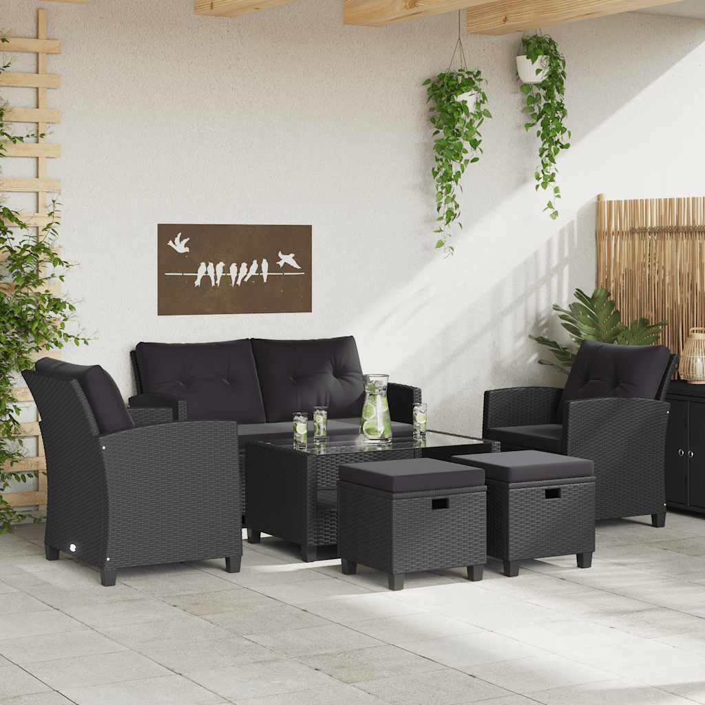 6-tlg. Garten-Sofagarnitur mit Auflagen Poly Rattan Schwarz