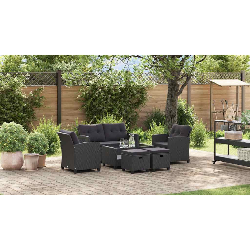 6-tlg. Garten-Sofagarnitur mit Auflagen Poly Rattan Schwarz