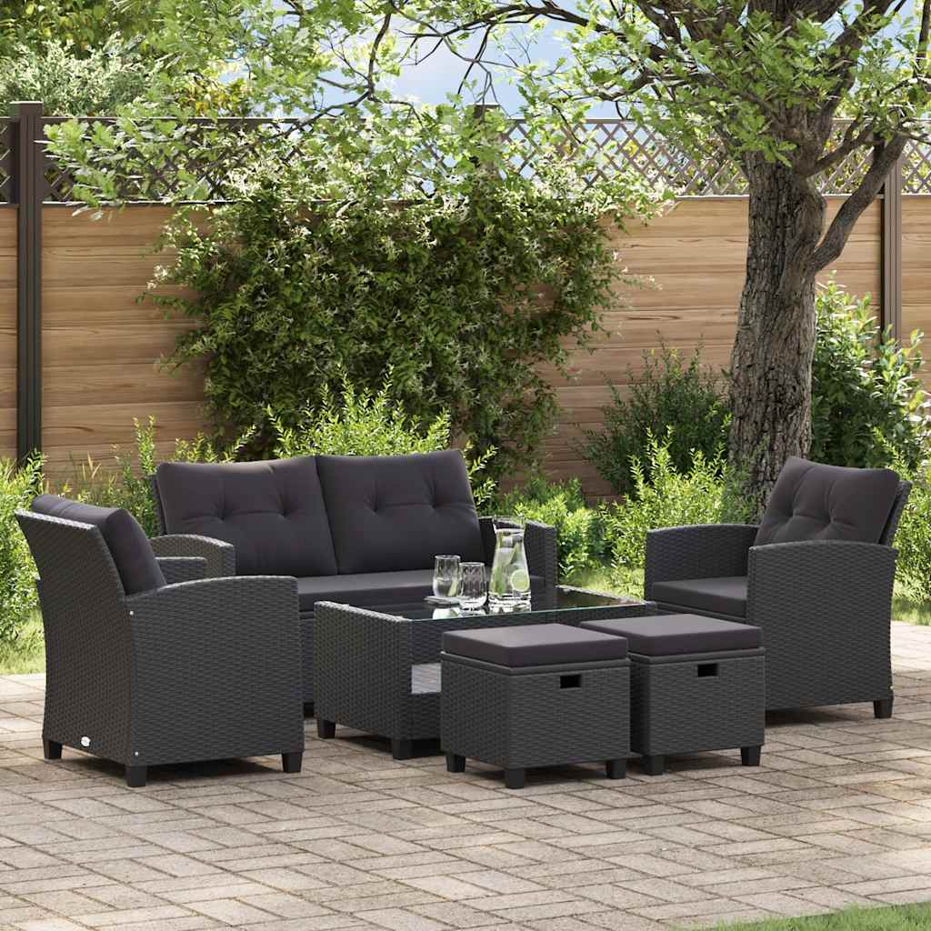6-tlg. Garten-Sofagarnitur mit Auflagen Poly Rattan Schwarz
