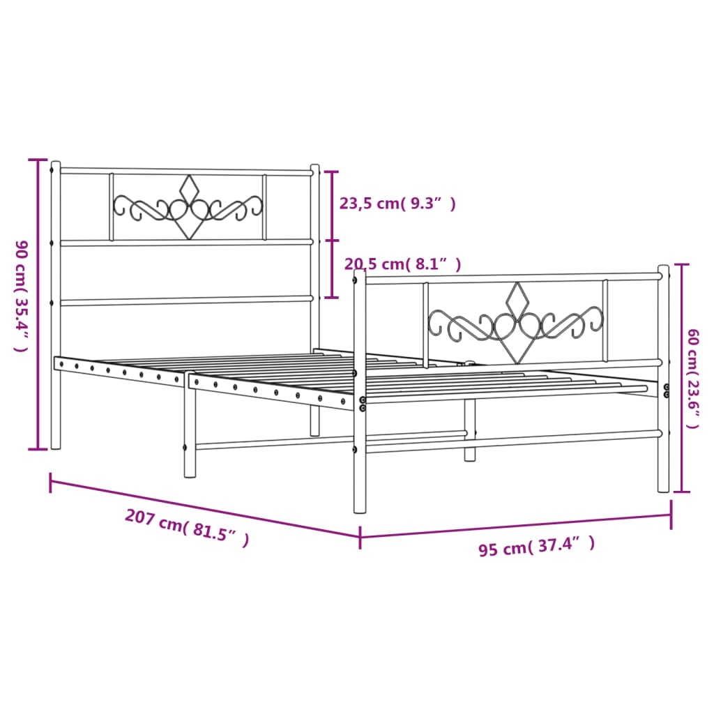 Bettgestell mit Kopf- und Fußteil Metall Schwarz 90x200 cm