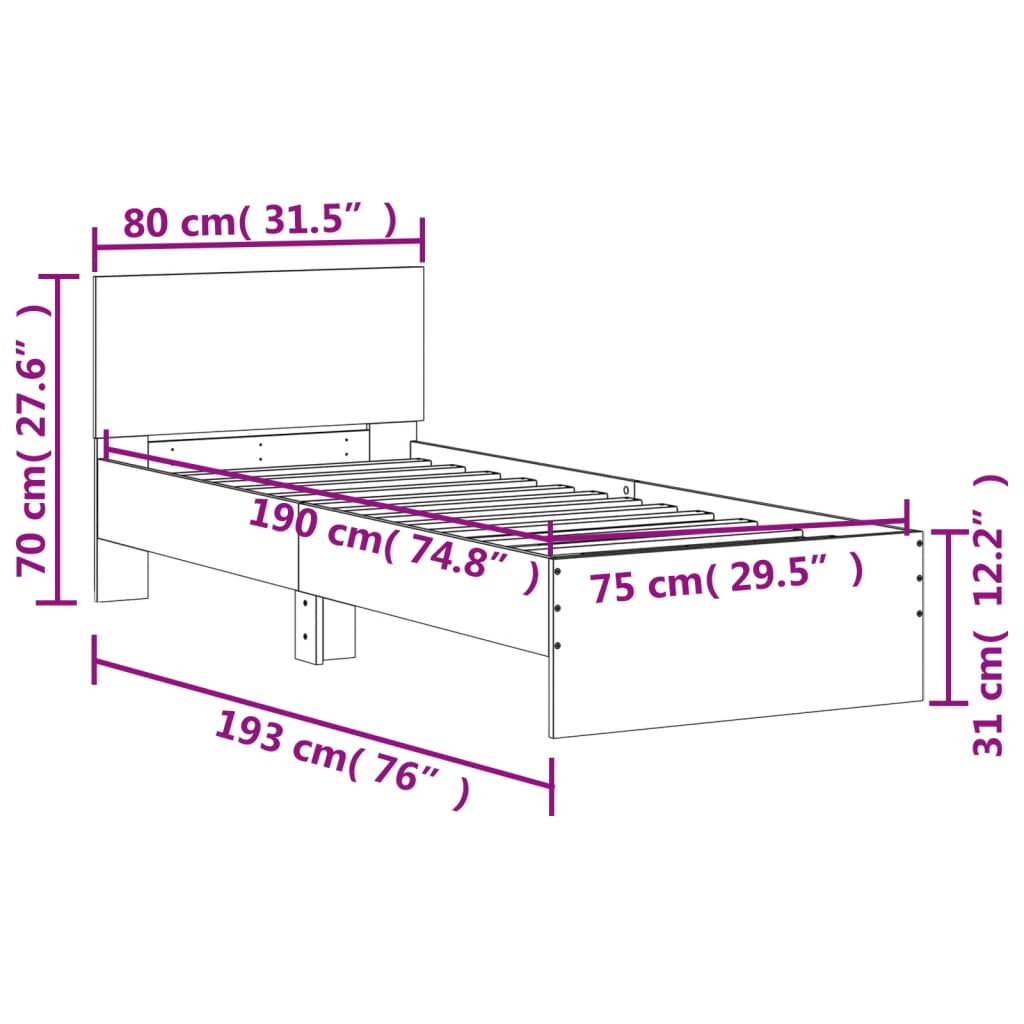 Bettgestell mit Kopfteil Braun Eiche 75x190 cm Holzwerkstoff
