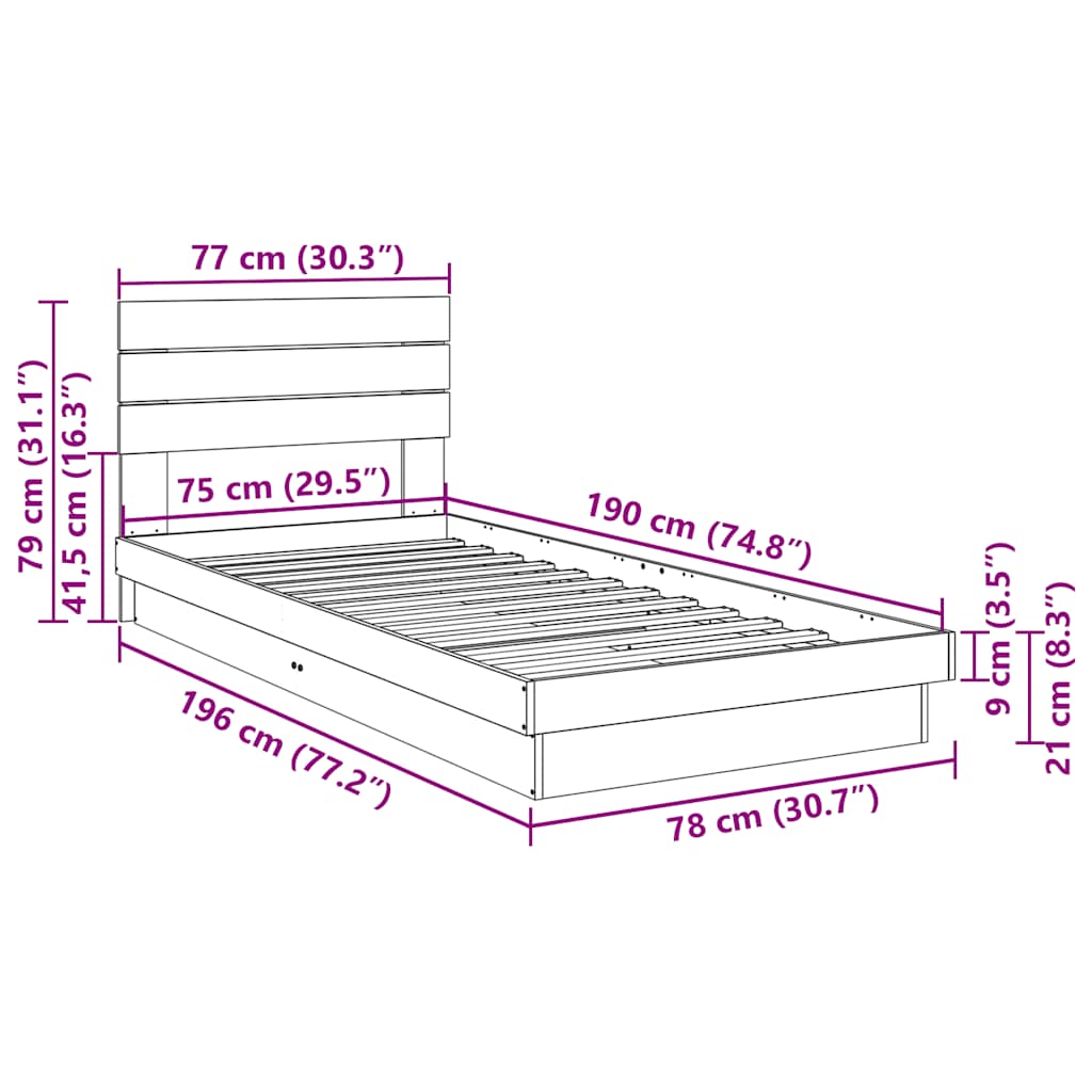 Massivholzbett mit Kopfteil ohne Matratze 75x190 cm Eichenholz