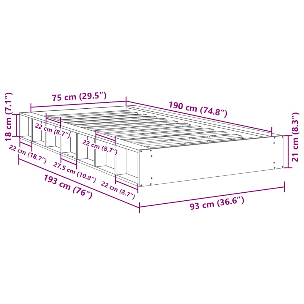 Massivholzbett ohne Matratze 75x190 cm Eichenholz