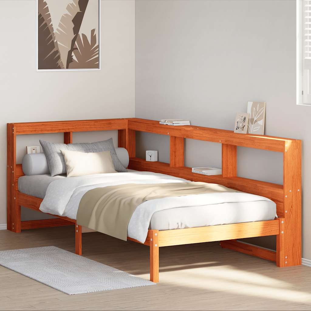Massivholzbett mit Regal ohne Matratze Wachsbraun 75x190 cm