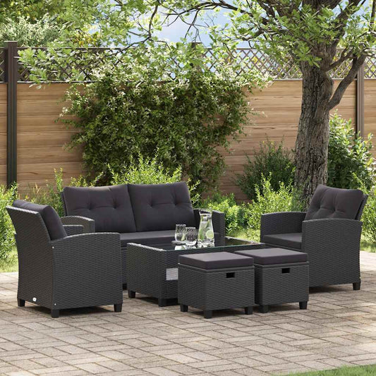 6-tlg. Garten-Sofagarnitur mit Auflagen Poly Rattan Schwarz
